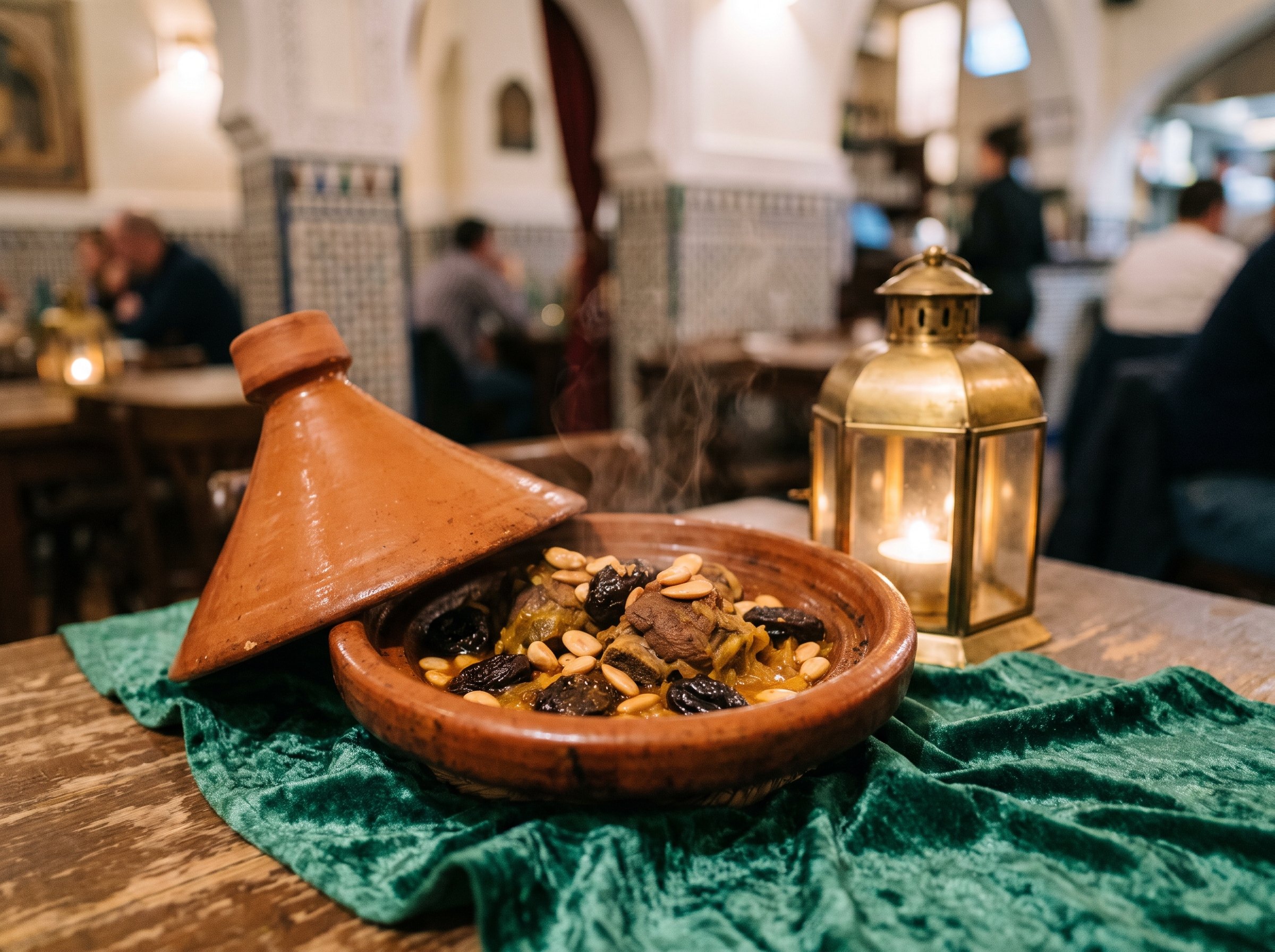 Tajine signature à l'agneau, pruneaux et amandes